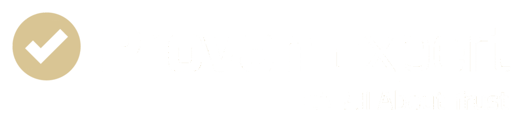 Proven Expert logo: beige circle with white checkmark, bold white wordmark reading ‘Proven Expert’ and the tagline ‘It’s All About Trust.’
