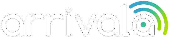 Arrivala logo: white lowercase wordmark with blue and green curved signal arcs above the last letters on a black background.