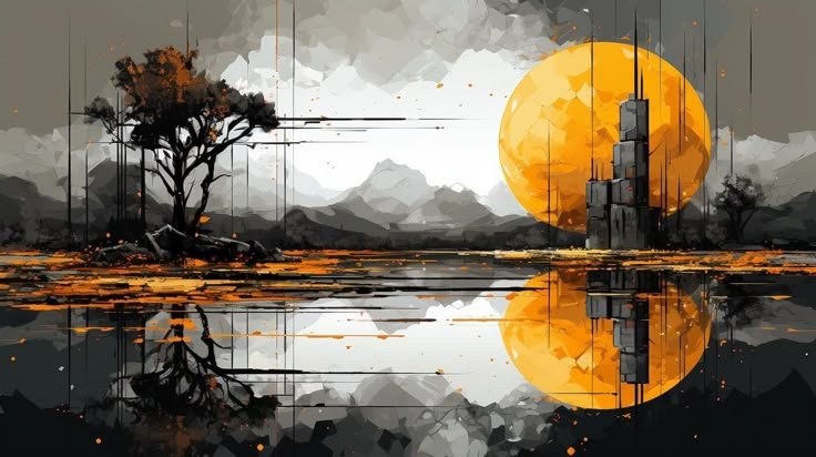 Abstract landscape painting: a large orange sun over a calm body of water, with silhouetted trees and distant mountains reflected below.
