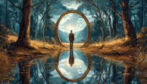 A person stands before a glowing circular portal in a misty forest, reflected in the still water below.