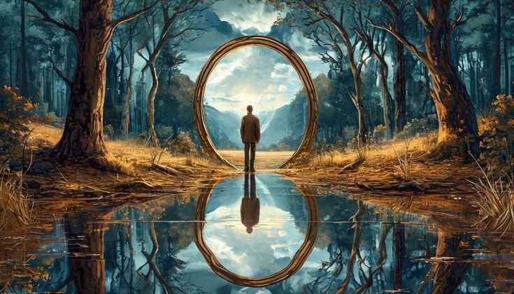 A person stands before a glowing circular portal in a misty forest, reflected in the still water below.